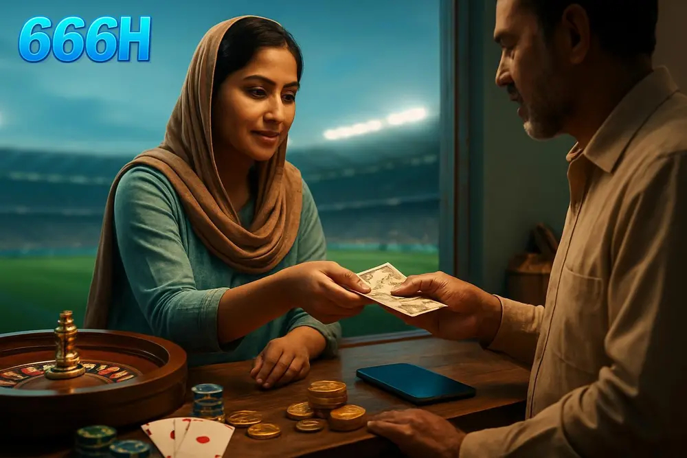 666H deposit โ a Pakistani woman at a small shop counter handing cash to a shopkeeper with a phone displaying a 666H deposit โ a Pakistani woman at a small shop counter handing cash to a shopkeeper with a phone displaying a