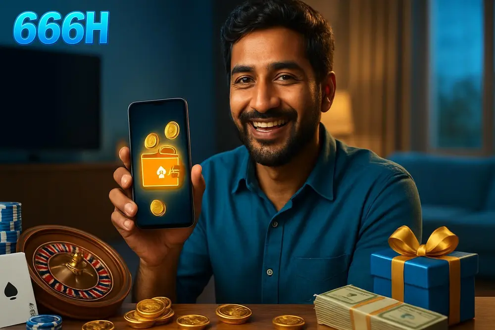 666H deposit โ a Pakistani man smiling while holding his phone showing a glowing wallet icon with coins floating 666H deposit โ a Pakistani man smiling while holding his phone showing a glowing wallet icon with coins floating