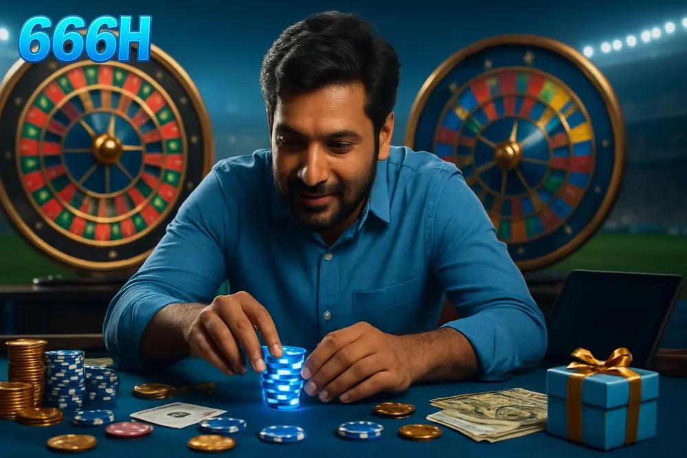 666H games โ a Pakistani man leaning over a table stacked with glowing chips as colorful game wheels spin in the 666H games โ a Pakistani man leaning over a table stacked with glowing chips as colorful game wheels spin in the
