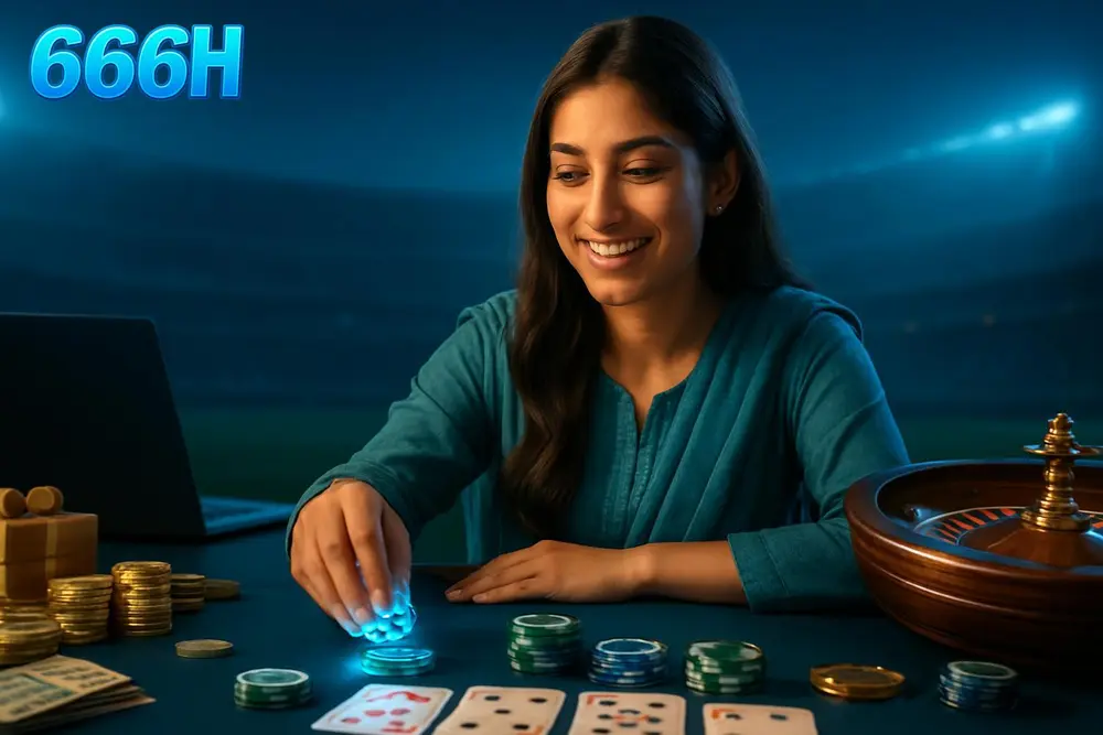 666H games โ a young Pakistani woman smiling as she places glowing casino chips at a table with playing cards spread out 666H games โ a young Pakistani woman smiling as she places glowing casino chips at a table with playing cards spread out