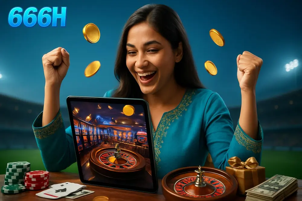 666H Pakistan online casino — a Pakistani woman celebrating with raised hands as golden coins appear around her