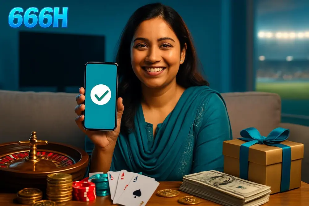 666H register โ a Pakistani woman holding her phone showing a checkmark success screen while sitting on a sofa at home 666H register โ a Pakistani woman holding her phone showing a checkmark success screen while sitting on a sofa at home