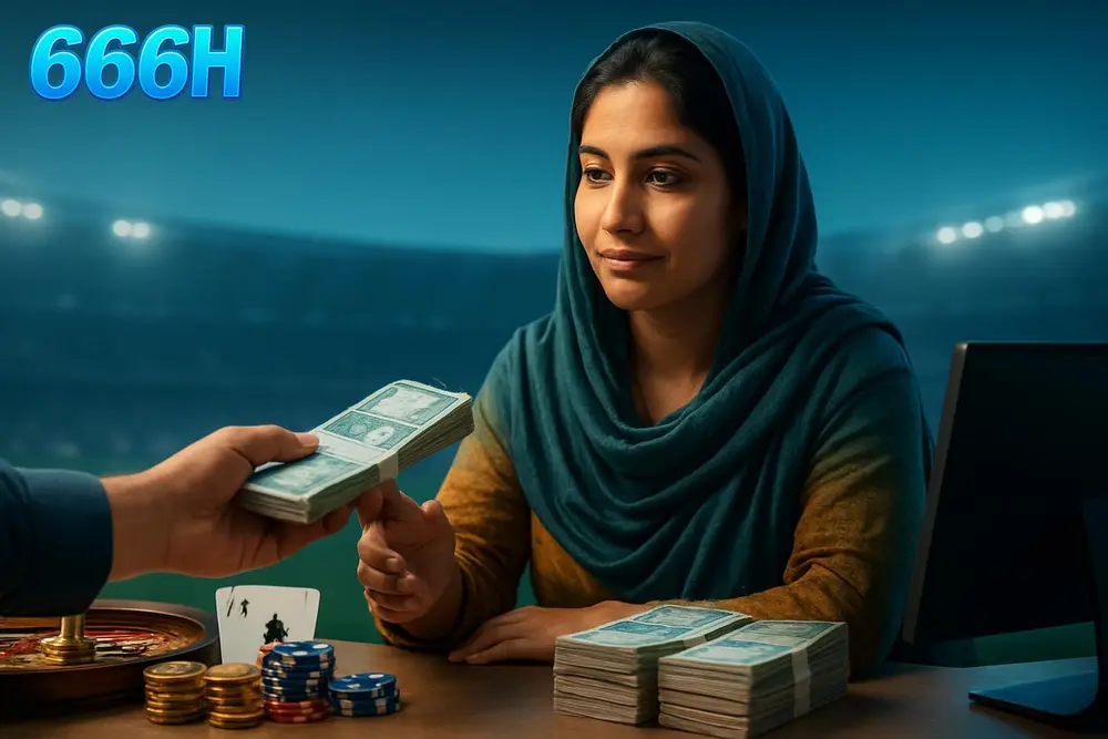 666H withdraw โ a Pakistani woman receiving cash at a bank counter with stacks of local currency notes visible on 666H withdraw โ a Pakistani woman receiving cash at a bank counter with stacks of local currency notes visible on
