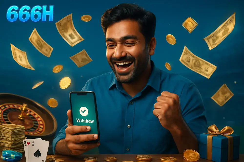 666H withdraw โ a happy Pakistani man celebrating as glowing banknotes and coins spread out around his phone showing 666H withdraw โ a happy Pakistani man celebrating as glowing banknotes and coins spread out around his phone showing